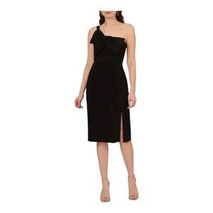 ADRIANNA PAPELL One-Shoulder Crepe Knit  Dress Black BOW NECk , Size 16